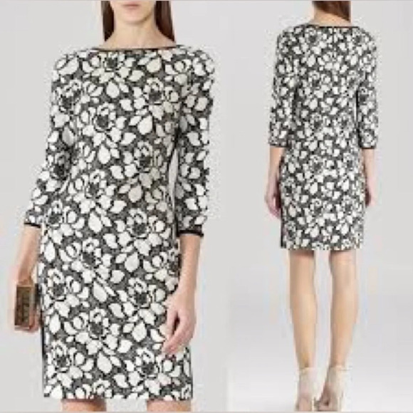 Reiss Arabella Floral Print Bonded Sheath Dress in Black & White - Size 6 - Picture 1 of 7